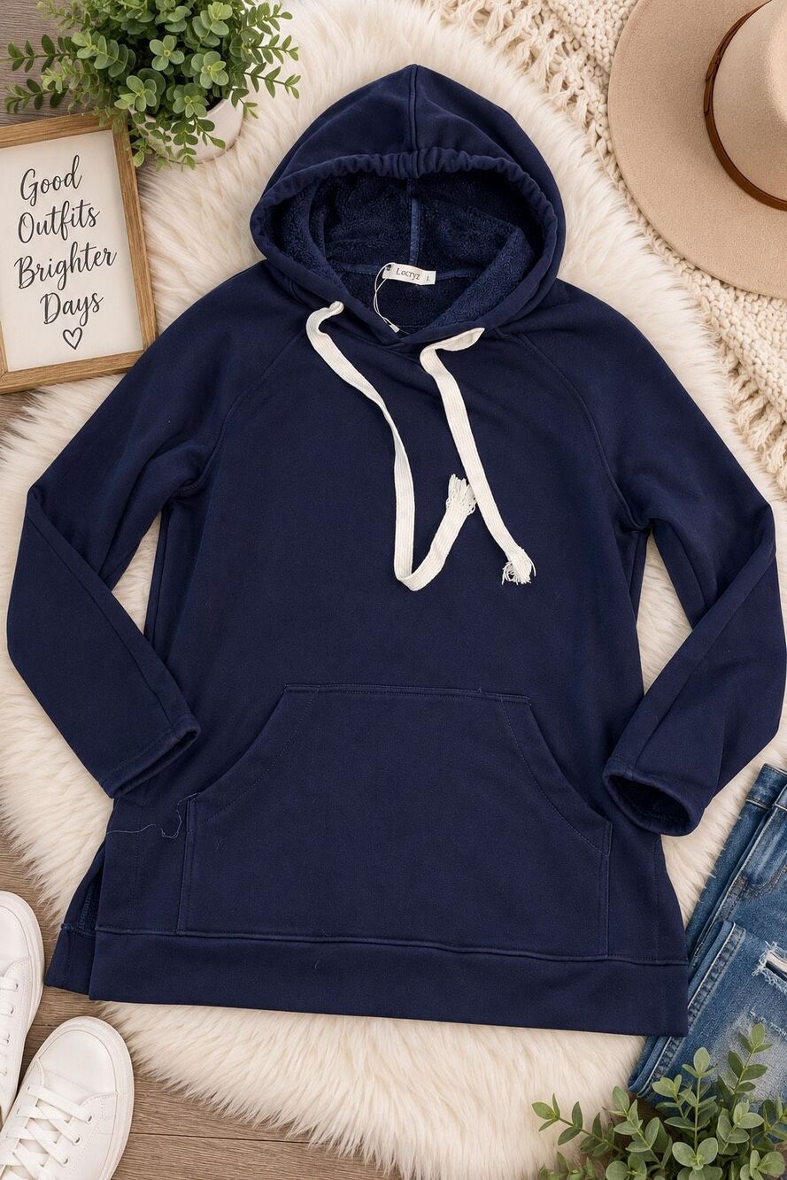 Locryz Women’s Large Navy Blue Fleece Lined Pullover Hoodie Tunic Sweatshirt